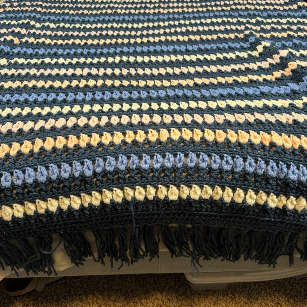 Vtg Colorful Fringe Bobble Crochet Knit Heavy Blanket Afghan 76